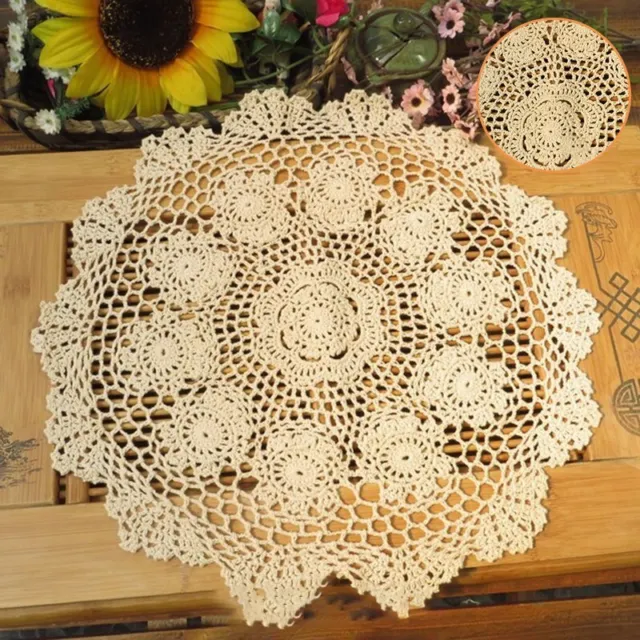 Estera de mesa de algodón estilo vintage con detalles de flores de ganchillo artesanales