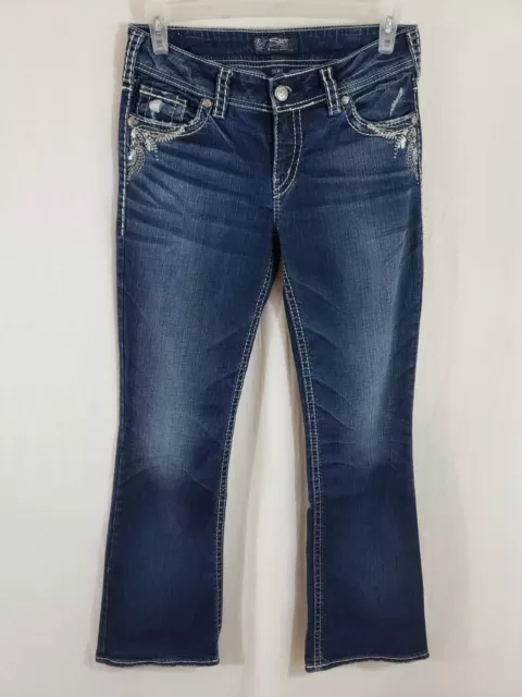 Silver Suki Womens Denim Blue Jeans Size 30 x 32 Boot Cut Dark Wash Mid Rz Bling