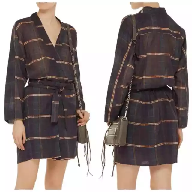 Isabel Marant Etoile Vanessa Check Plaid Tie Waist Cotton Robe Dress Brown FR 36