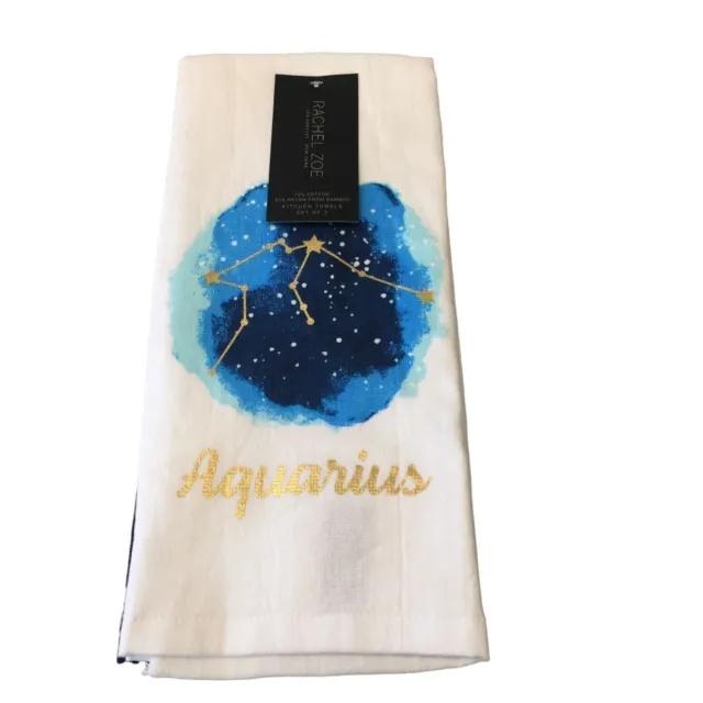 Rachel Zoe Aquarius Zodiac Kitchen Towels Set of 2 White Aqua Navy Gold Metallic
