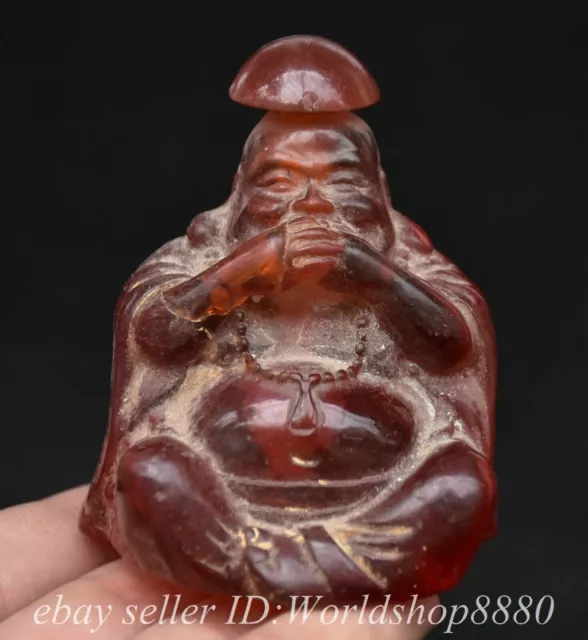 2.8" Old Chinese Amber Carving Happy Laugh Maitreya Buddha Snuff box Statue