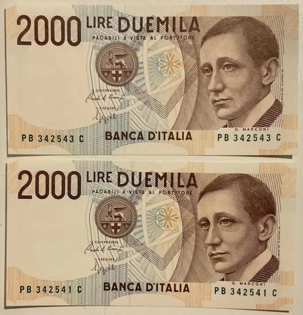 2000 lire 03.10.1990 GUGLIELMO MARCONI 2 BANCONOTE REPUBBLICA ITALIANA