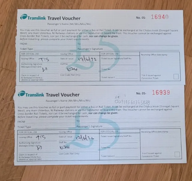 Translink travel voucher £10 Total NI