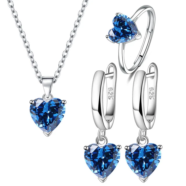 925 sterling Silver earrings pendant necklace ring blue heart zircon jewelry set