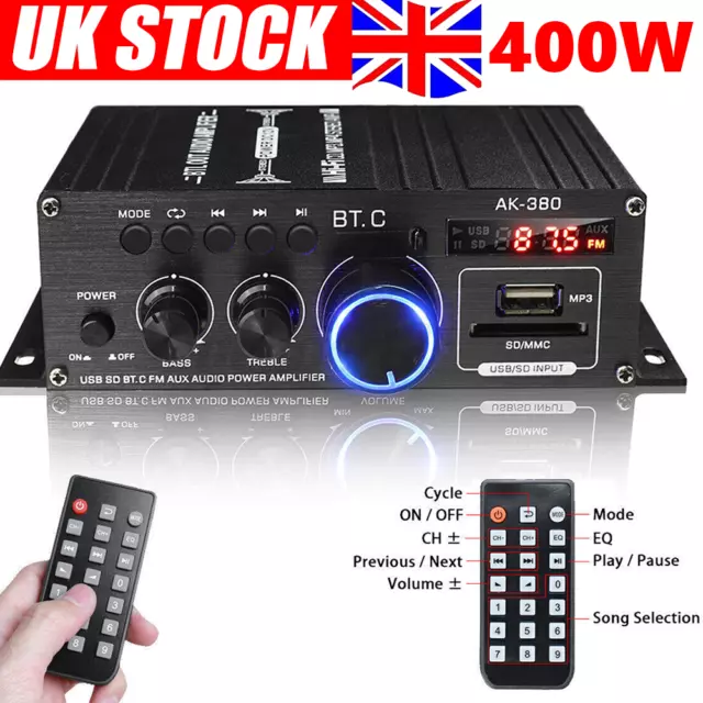 400W Bluetooth HiFi Power Amplifier Mini Audio Digital Stereo FM Car AMP Remote