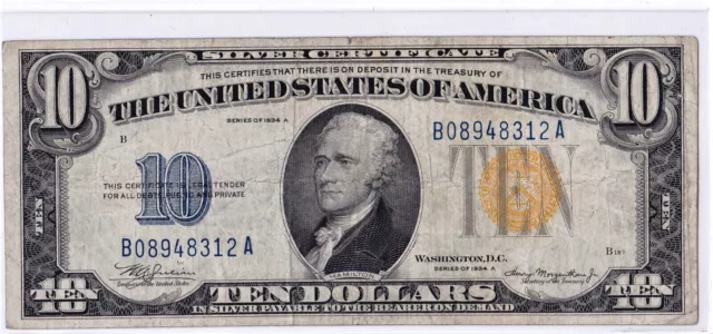 1934A $10 NORTH AFRICA Silver Certificate Yellow Seal FR-2309 Very Nice!