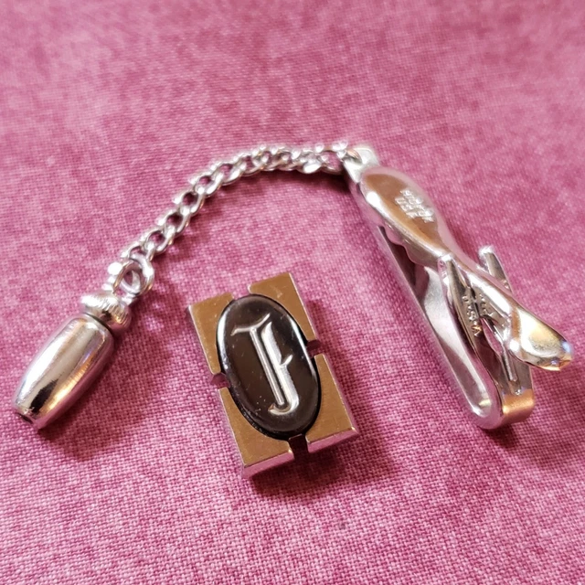 Vintage Hickok USA Monogram Silver Gold Tone Initial Letter J Chain Tie Clip TC1
