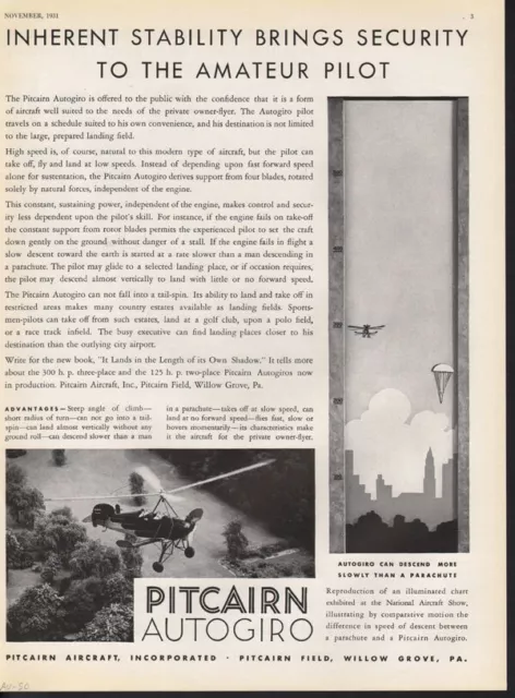 1931 Aviation Pitcairn Autogiro Parachute Willow Grove Plane Craft Ad Av-50