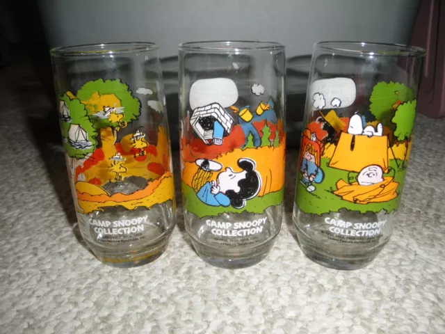 Set Of 3 Vintage Mcdonalds Camp Snoopy Glasses  12 Oz Peanuts Charlie Lucy