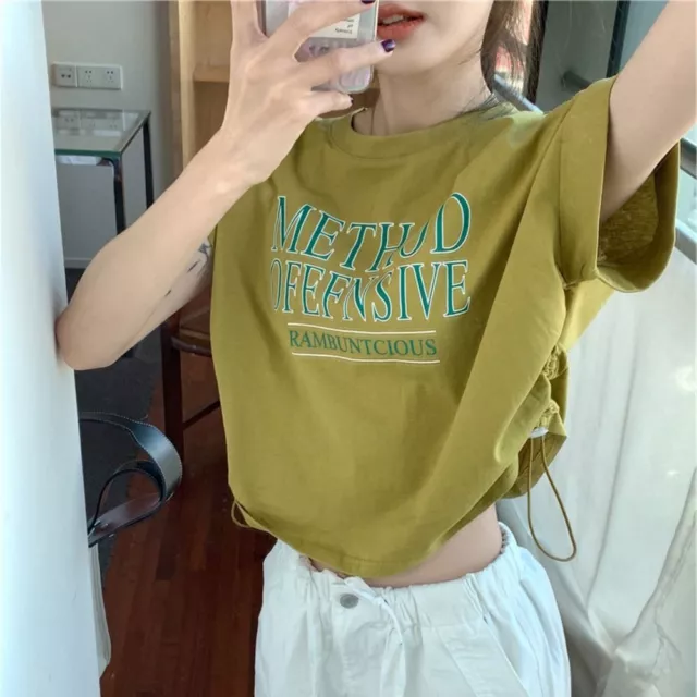 Drawstring Bottoming Shirt Printed Crop Top Summer Spring Women T-shirt