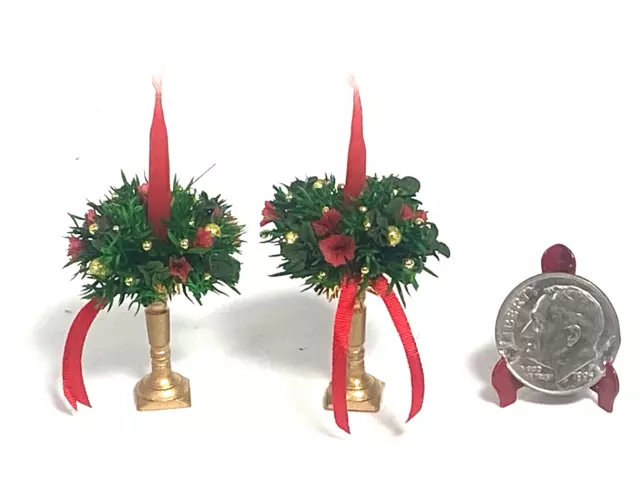 OOAK Artisan Pair Christmas Wreath Candlesticks Dollhouse Mini 1:12 signed ''23