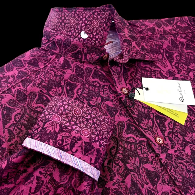 Robert Graham Floral Paisley Burgundy Black Geometric Tribal Sport Shirt Large