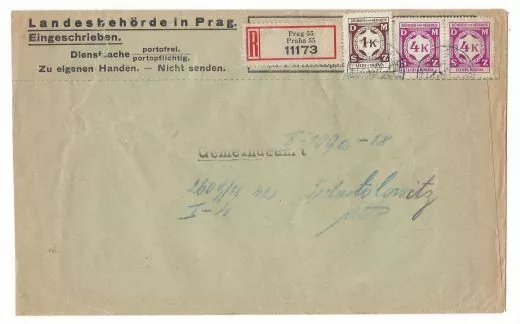 Dt.-Bes.-Aus. Böhmen Mähren 1941 MiNr. 6, 11 Einschreiben auf Dienstbrief
