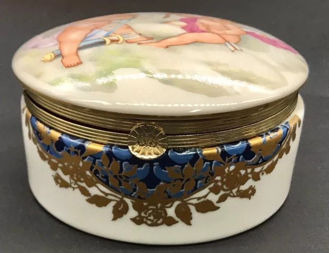 Vtg Ornate Hand Painted Round Porcelain Lidded Trinket Box Cherubs Angels Brass