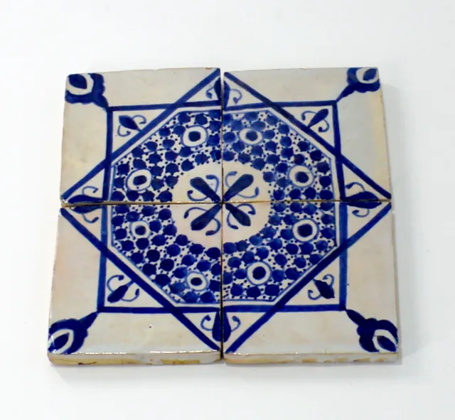 Toledo blue,Set of 4 Moroccan Glazed Ceramic Wall Tiles - 10 x 10 cm