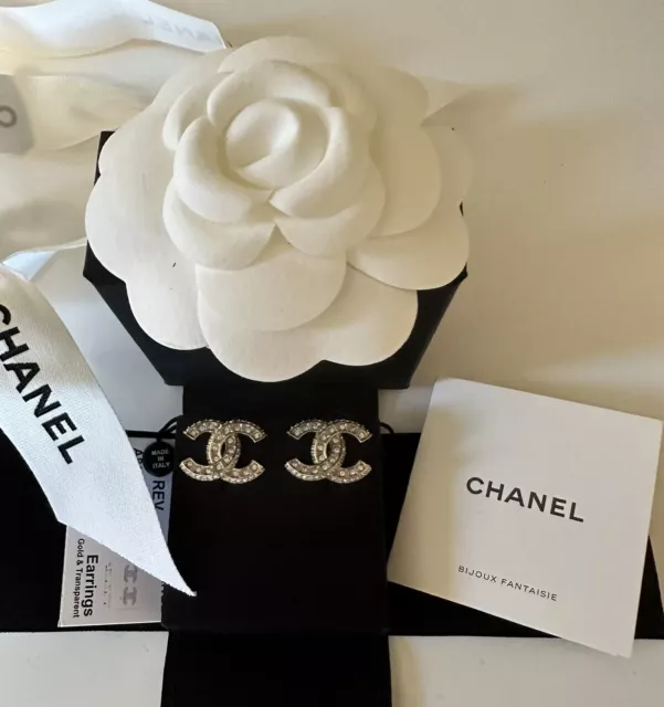 NWT 2023 B23 Chanel Strass CC Logo Silver HW Crystal Stud Earrings