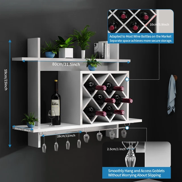 Scaffale Per Vino Da Parete GIANTEX 3 Livelli - 80x20x63 Cm, Portabottiglie Con Supporto Bicchieri, Stile Industriale