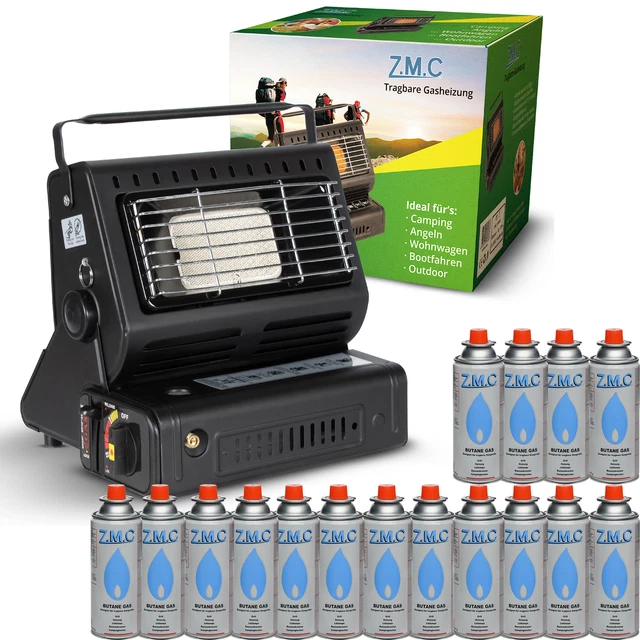 2in1 Tragbare Gasheizung Camping Butan Gas Kocher Keramik+16 Gaskartuschen 1,3KW