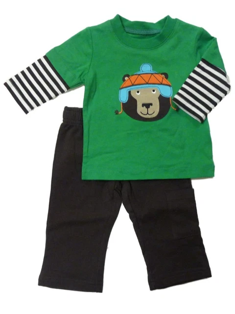 Carters Infant Boy 2 Piece Outfit Mock Layered Bear Green Baby T-Shirt Pants