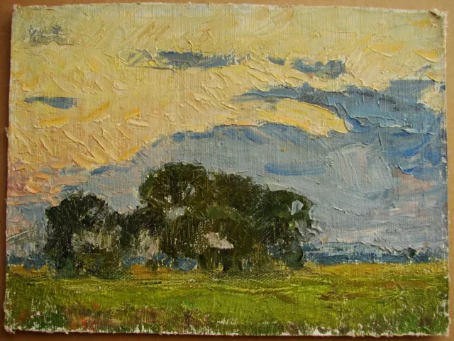 Ukrainian Soviet USSR Oil Painting Impressionism landscape field tree sky sunset