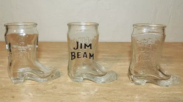 Lot of 3 Jim Beam Cowboy Boot Shot Glasses - 3 Styles Quality Bourbon Whiskey