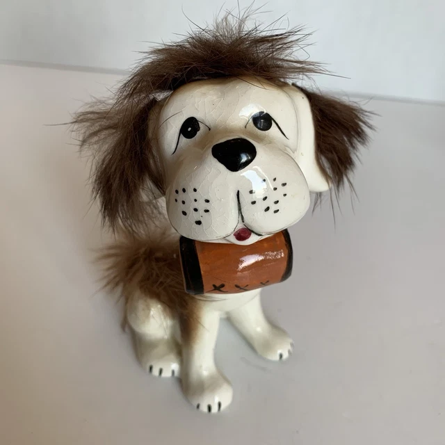 Vintage Dog Figurine Rescue Barrel Japan Ceramic Fur 4.5" St. Bernard C2
