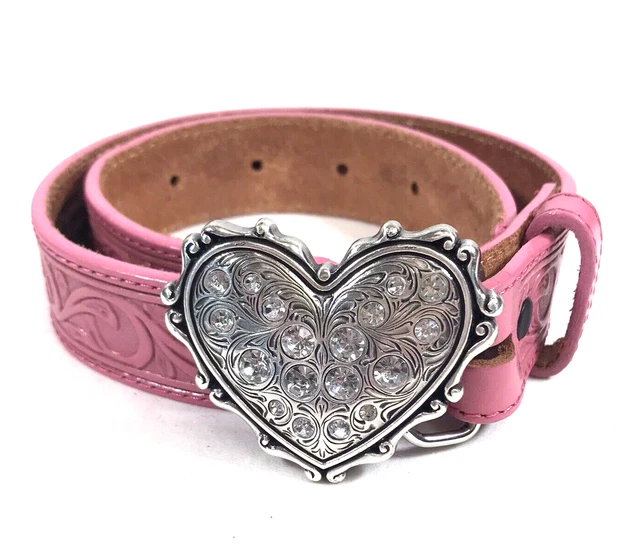 Youth Belt Justin Boots Leather Lil Cowgirl's' Pink Jeweled Heart Buckle Sz 20