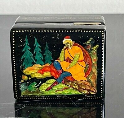 Russian Hand Painted Black and Red Lacquer Box Signed by Artist