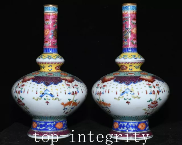 9'' Qing Qianlong Enamel Colour Porcelain Fish Goldfish Fishs Bottle Vase Pair