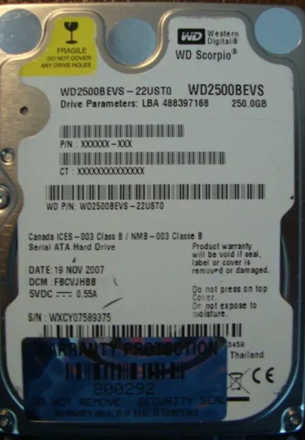**For Parts Only** WD WD2500BEVS-22UST0 DCM:FBCVJHBB 250gb Sata 2.5" Hard drive