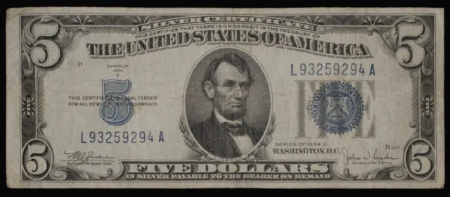 1934-C $5 Silver Certificate - Fr. 1653 US Currency
