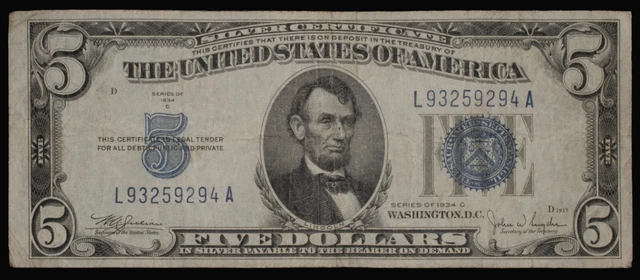 1934-C $5 Silver Certificate - Fr. 1653 US Currency
