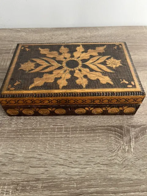 Vintage Hand Carved Wood Trinket Jewelry Glove Box Made in Poland