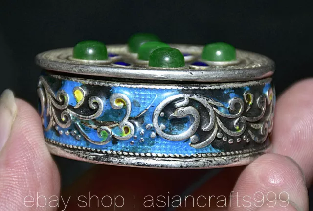 2" China Silber Cloisonne Inlay Grüne Jade Feng Shui Phoenix Schmuckschatulle 2