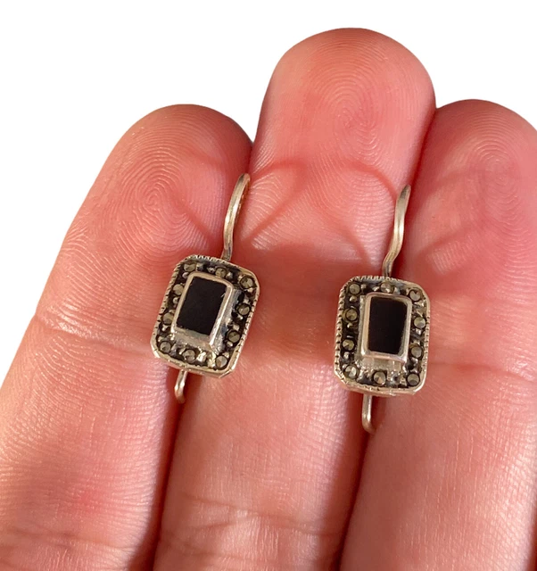 Charles Winston CW 925 Marcasite Black Onyx Earrings Hook Pierced