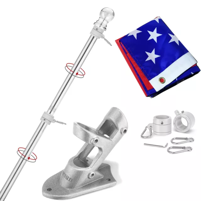 Flag Pole: 3x5 US Flag 6Ft Wall Mounted Bracket Home Porch Decor Tangle Free Kit