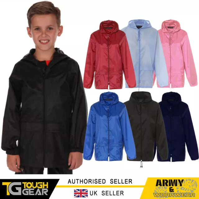 Kids Boys Girls Lightweight Rain Jacket Coat Hooded Pac A Way Showerproof Mac