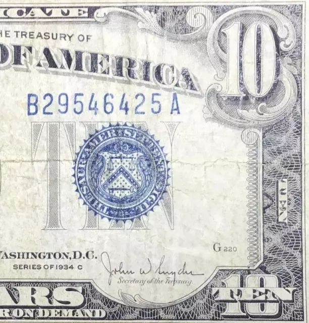 1934C $10 "Blue TEN" SILVER Certificate X6425! FINE! US Paper Money Currency!