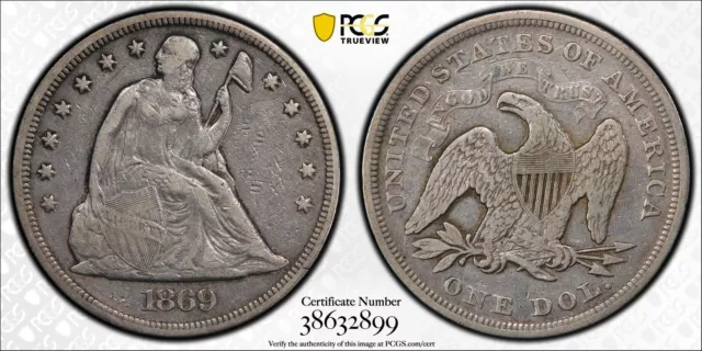 1869 P Liberty Seated Silver Dollars PCGS F-15