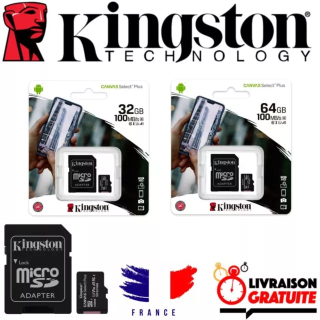 Kingston Carte Memoire Micro SD SDHC SDXC 32 go ou 64 go Classe 10 + Adaptateur