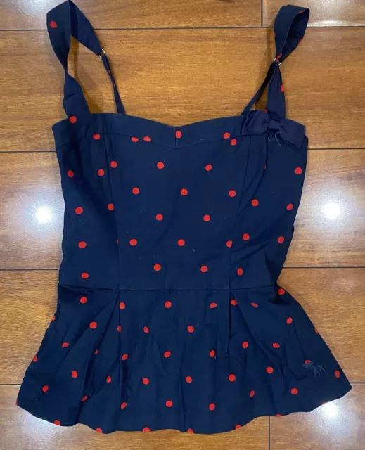 Abercrombie Girls Navy Blue and Red Polka Dot Print Smocked Cropped Tank Top XL