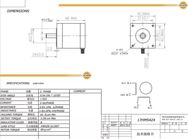 DE Free 3PCS Nema17 moteur pas à pas 17HM5424 2,4A 48 mm 0,9° 60 oz-in bipolaire Φ5 mm 2