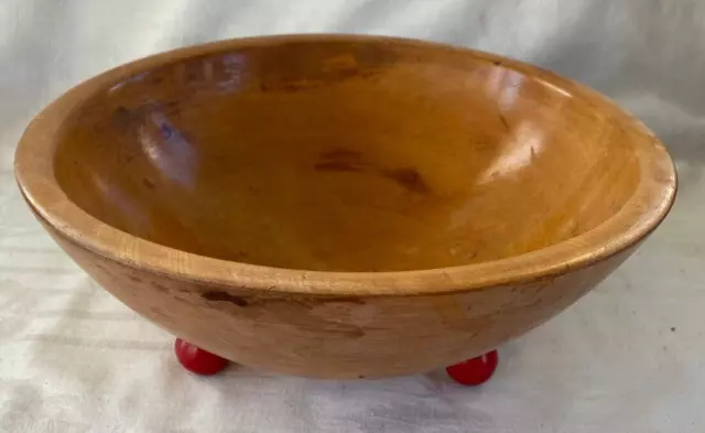 11" Munising Round Wooden Wood Dough Footed Bowl with Red Ball Feet