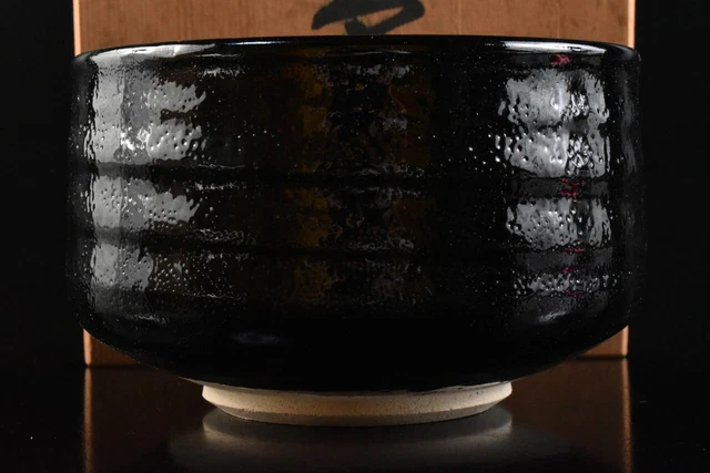 M1988: Japanese Seto-ware Black glaze TEA BOWL Green tea tool w/signed box
