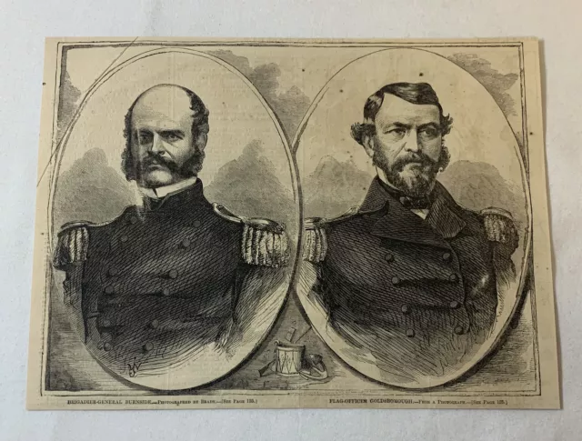 1862 magazine engraving~ BRIGADIER GENERAL BURNSIDE + FLAG OFFICER GOLDSBOROUGH