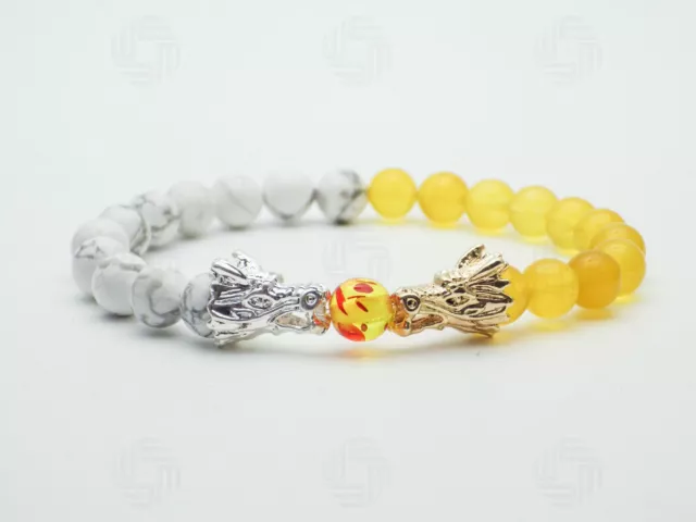 Mens Howlite Silver Dragon Bracelet Yellow Agate Chinese Wealth Success Gift UK