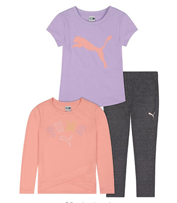Puma Girls Size Small (7) 3 Piece 2 T Shirt And 1 Legging Set Apricot Blush Nwt