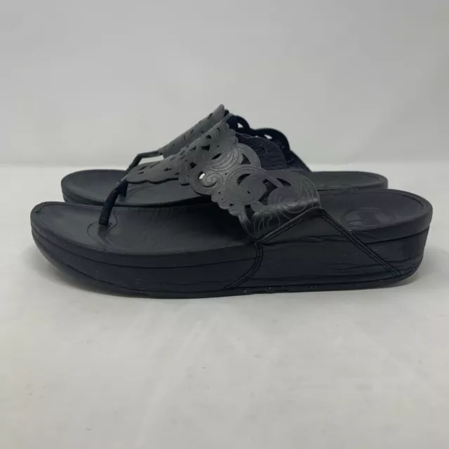 Fitflop Womens Size 10 Flora Sandals Wedge Black Leather Celtic Thong Slip On