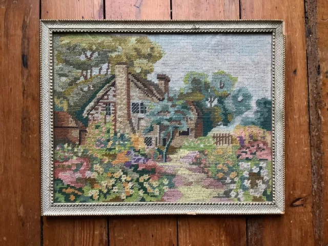 Vintage Picture Embroidery Cottage Countryside Cottage Garden