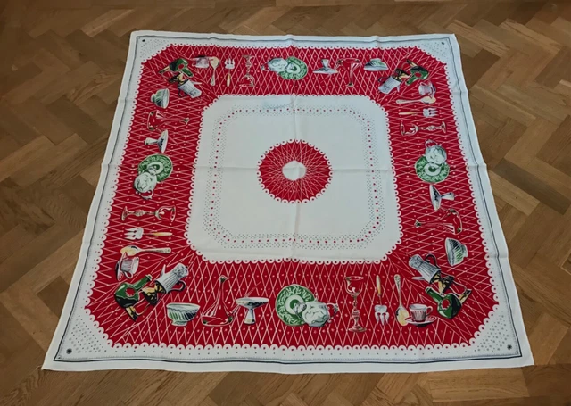 "Tovaglia bordata rossa metà secolo anni '50 anni '60, stoviglie cult 47""x 49"""